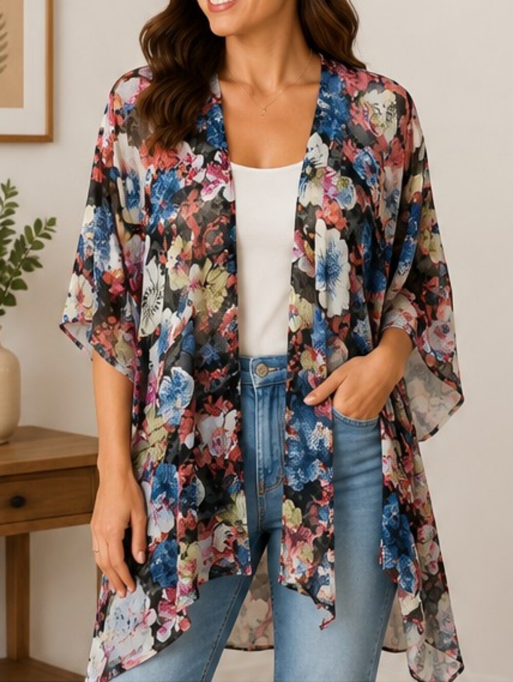 Simply Noelle Multicolor Floral  Open Front Kimono Cardigan